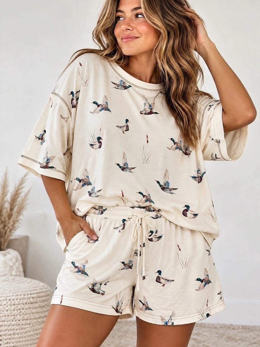 Mallard Duck Print Short Sleeve Top & Shorts Loungewear Set